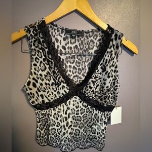 #NWT Leopard Print Lace Trim Mesh Tank Top Size Large